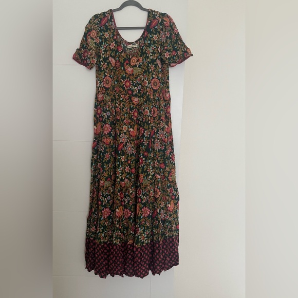 Natural Life Lucia Maxi DressBohemian Floral Flowy Print Green Pink Bird Sz Med - Picture 2 of 7